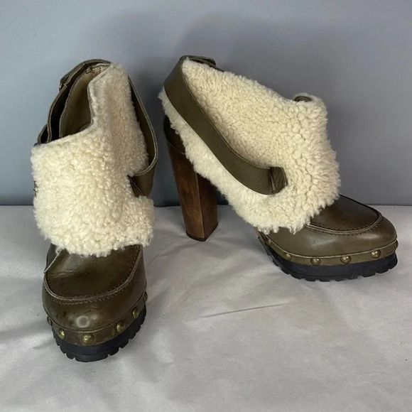 TOPSHOP Unique Sherling Cuff Leather Booties Olive Green Platform Boho Size 8.5 - Picture 4 of 15